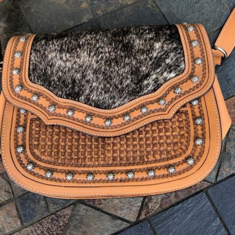 Custom crossbody tooled leather with calf hair